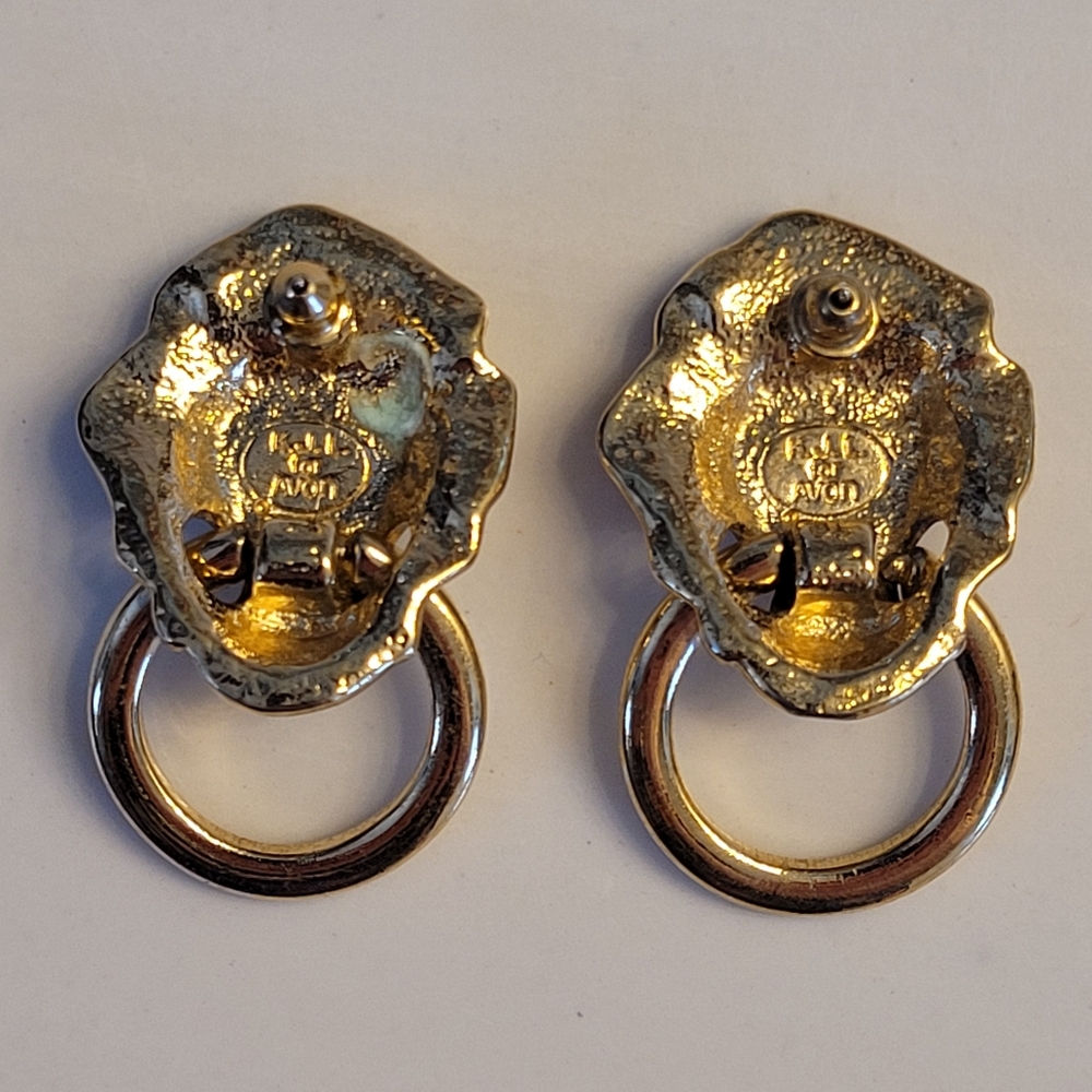 Lion Head Door Knocker Earrings Gold Plated Crystal Eyes KENNETH J LANE x AVON - Picture 11 of 15